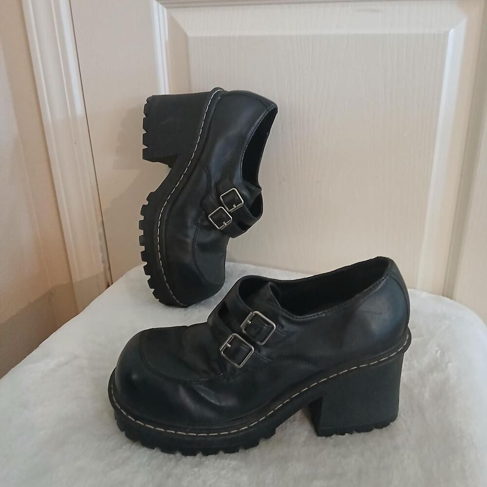 Y2K VTG Black Faux Leather Chunky Platform Double Buckle Lug Sole Oxfords 8.5